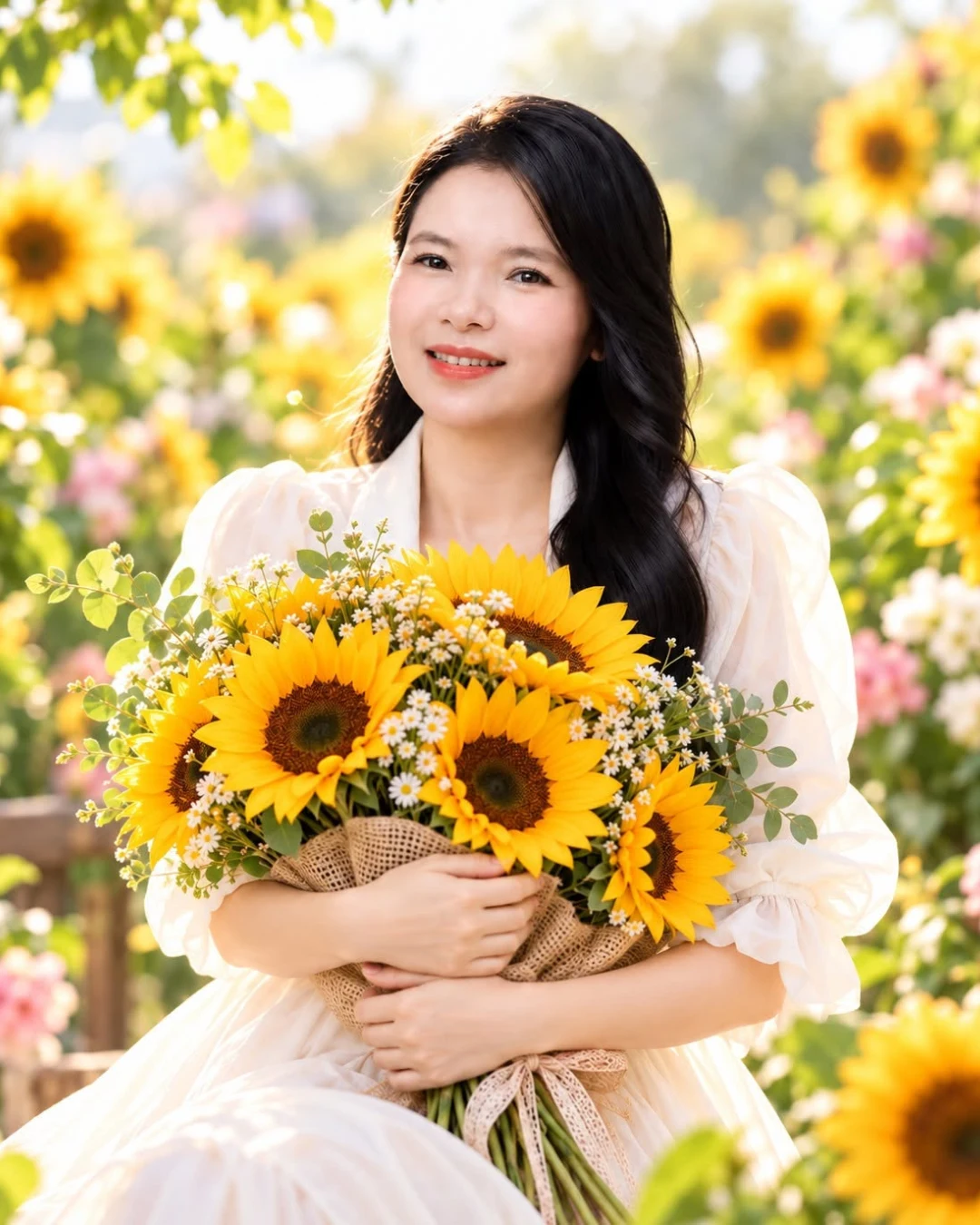 Mai Mom mặc váy trắng, ôm bó hoa hướng dương trong khu vườn nắng