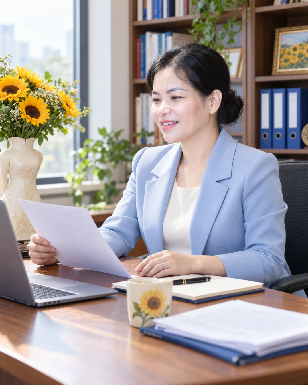 Mai Mom làm việc với tài liệu tại bàn, trong không gian có hoa hướng dương