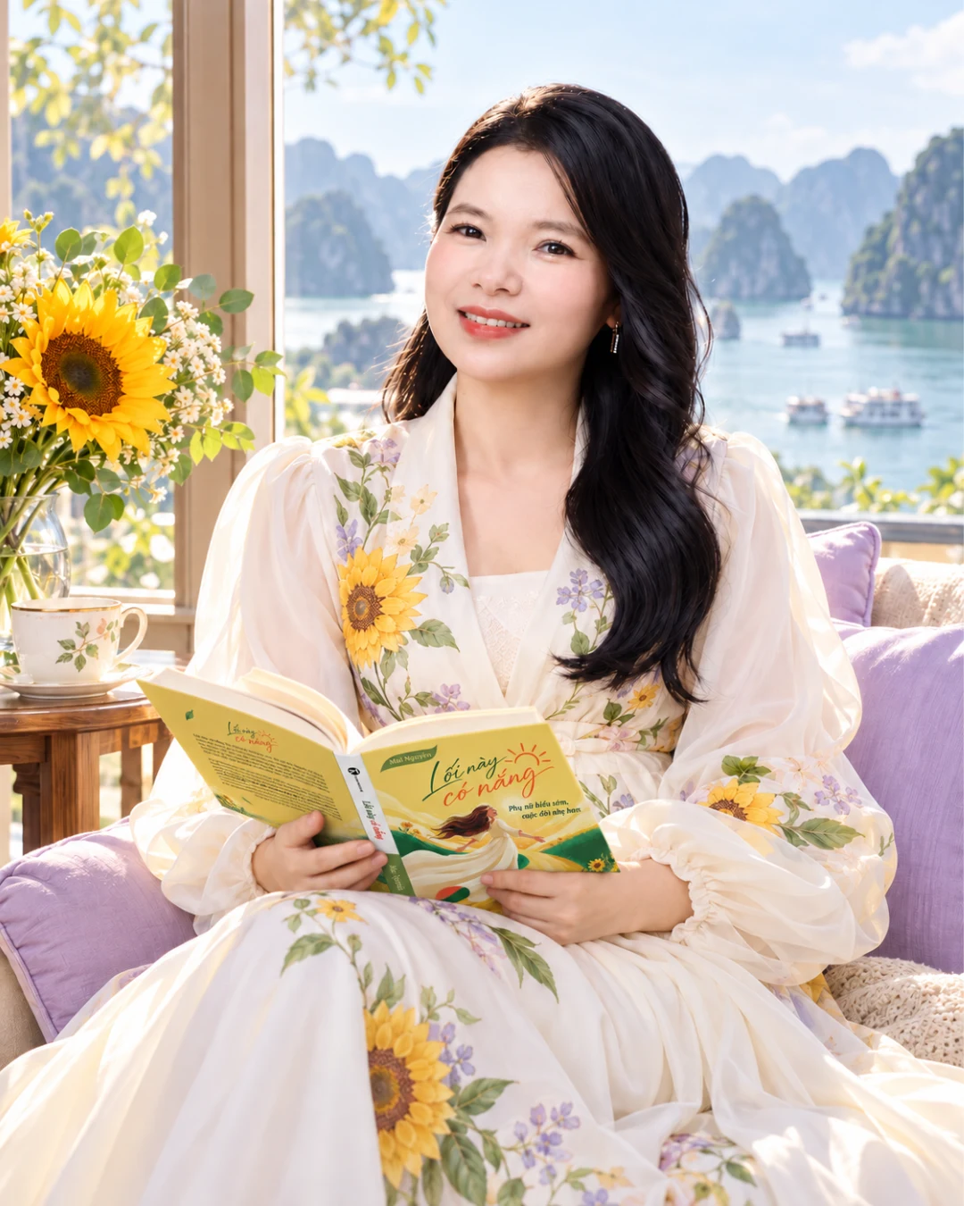 Mai Mom đọc cuốn Lối này có nắng bên cửa sổ và hoa hướng dương