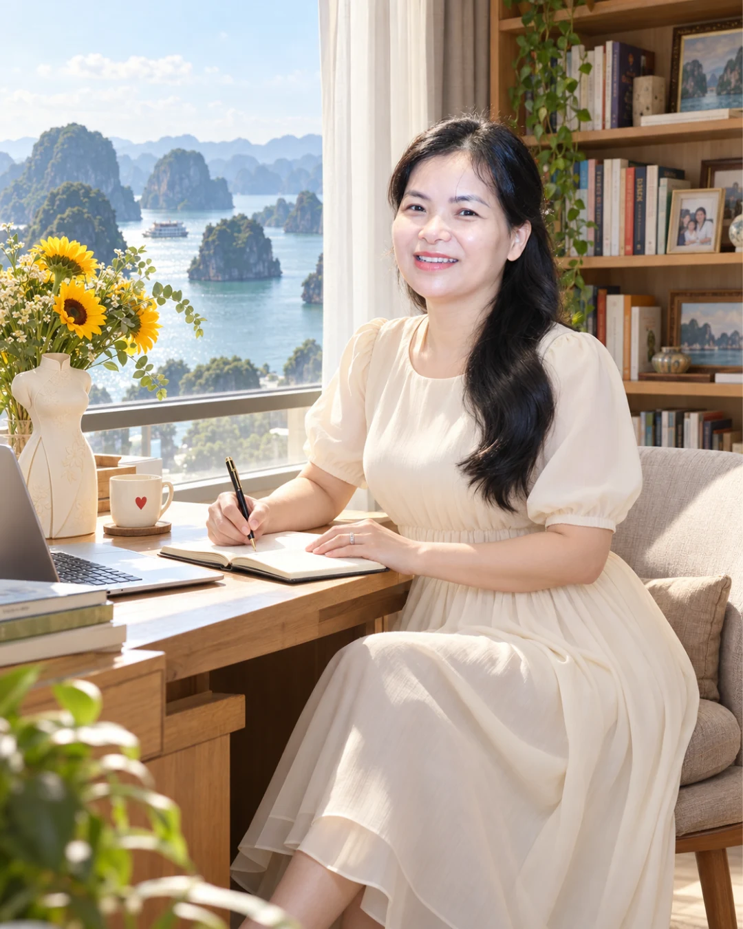 Mai Mom viết tại góc làm việc bên cửa sổ nhìn ra Vịnh Hạ Long