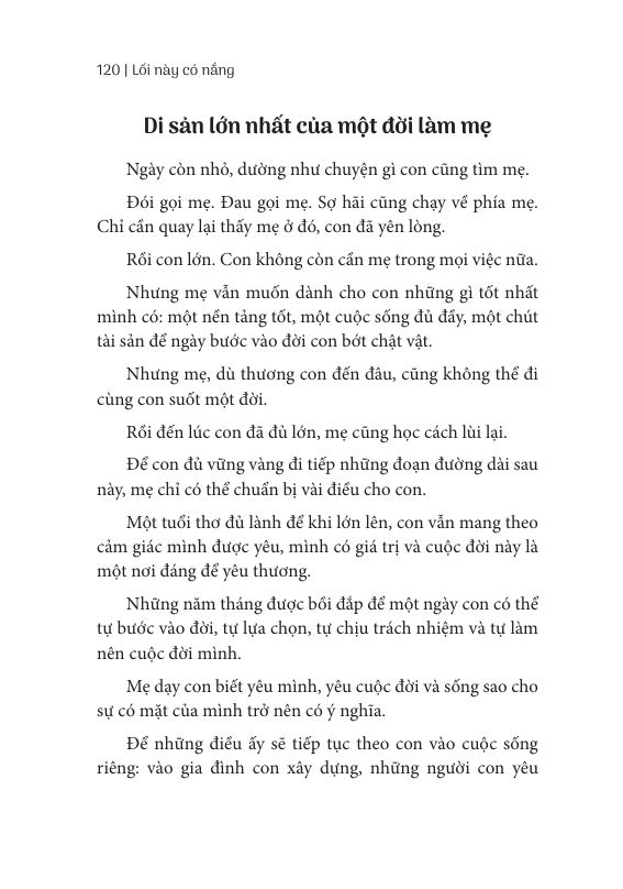 Trang 120 sách Lối này có nắng – Một ngày con lớn, mẹ muốn để lại điều gì?